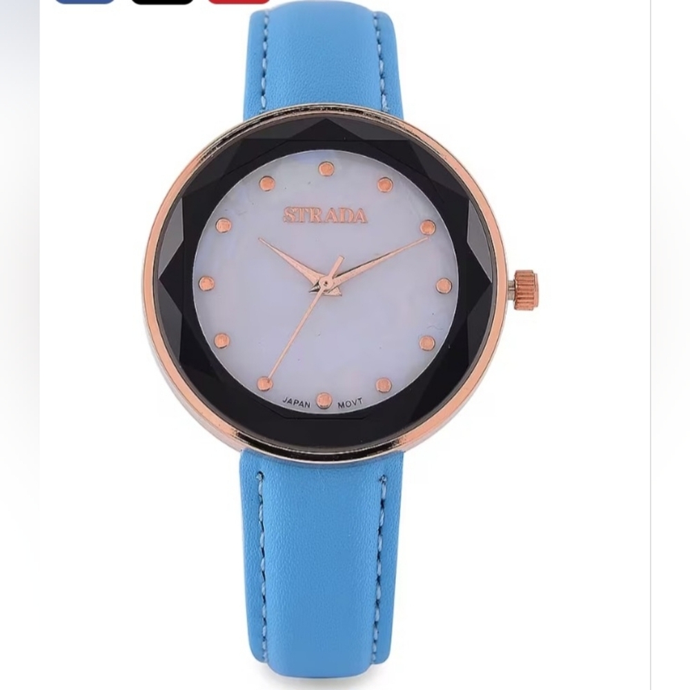 New Strada Jap.Mvmt. Simulated MOP Carved Dial Watch With Lght Blue Faux Leather